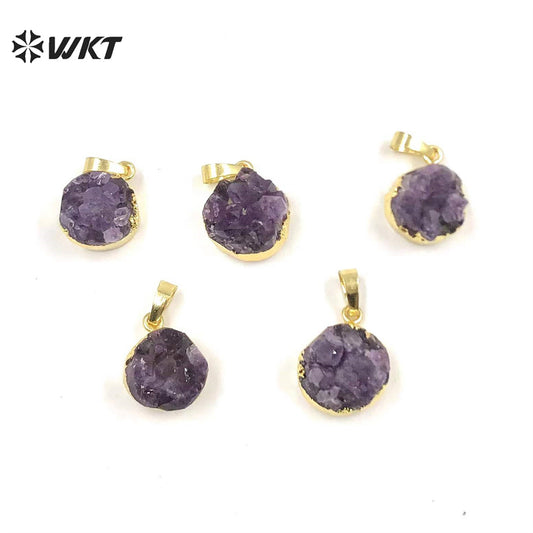 WT-N348 Wholesale Natural Round Druzy Amethyst Necklace, Hot Tiny Raw Amethyst Necklace With Gold Dipped