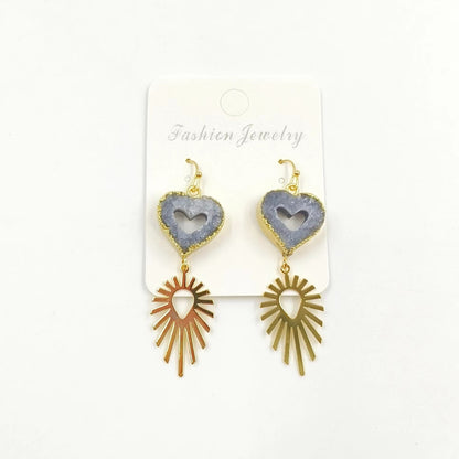 WT-E747 Wholesale Fashion New 18k Gold Plated Hollow Design Lovely Druzy Quartz Made Heart and Leaf Stone Earrings