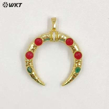 WT-P2050 Delicate 18K Gold Plated Zircon And Lapis Multi Gemstones Horn Shape Pendants For Women DIY Jewelry Accessories