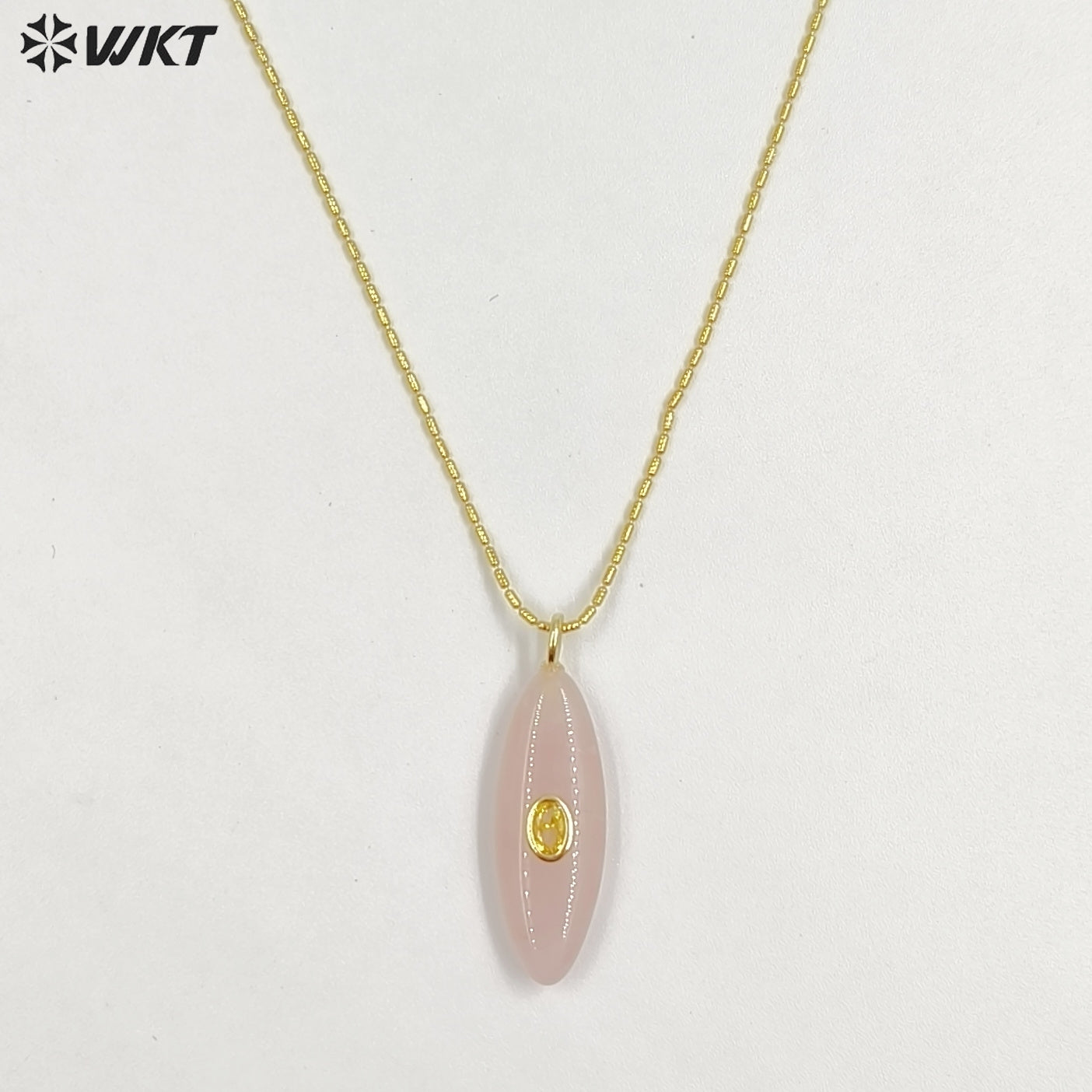 WT-N1509 High Quality Thin Chain Gold Electroplated Natural Gemstones With Zircon Long Oval Shape Pendant Necklaces As Lady Gift