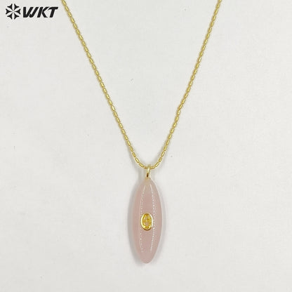 WT-N1509 High Quality Thin Chain Gold Electroplated Natural Gemstones With Zircon Long Oval Shape Pendant Necklaces As Lady Gift