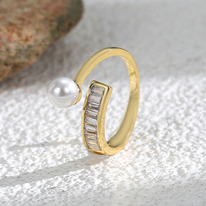 WT-MR045 Wholesale Popular Fashion Gold Plated Freshwater Pearl And Zircon Adjustable Rings For Ladies Daily Matching