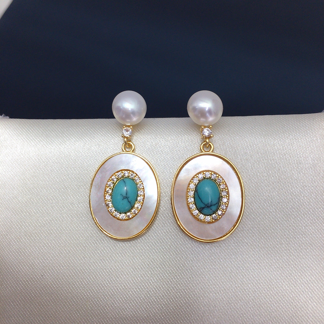 WT-MPE174 Wholesale Vintage Gold Plated Mother Of Pearl With Zircon And Natural Stone Women Earrings For Fashion Jewelry Gifts