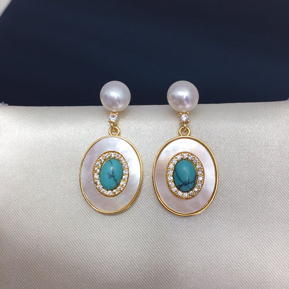 WT-MPE174 Wholesale Vintage Gold Plated Mother Of Pearl With Zircon And Natural Stone Women Earrings For Fashion Jewelry Gifts