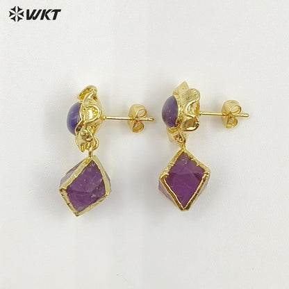 WT-E793 Exquisite Unique 18K Gold Electroplated Natural Gemstones Rhombus Little Earrings As Women Party Birthday Present