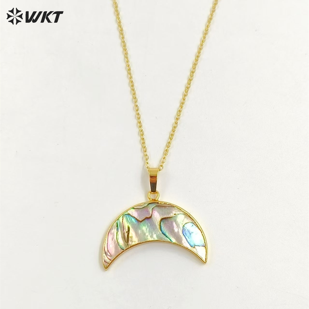 WT-N771 Wholesale Hot Shape Natural Paua Shell Crescent Horn Necklace 18k Real Gold Plated Abalone Crescent Horn Necklace