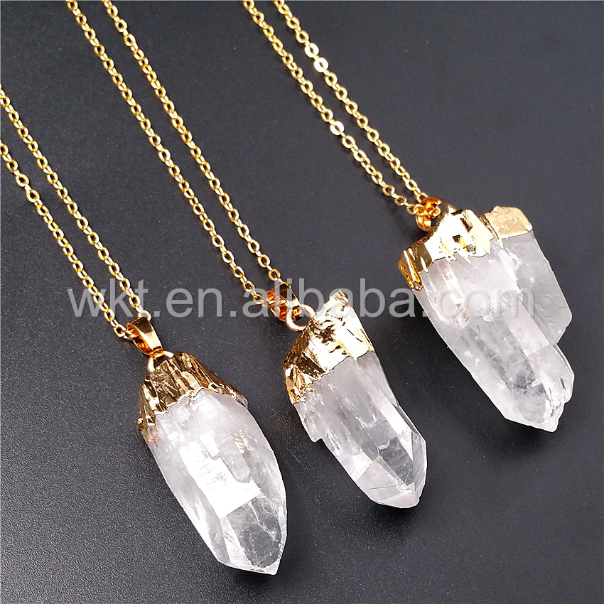 WT-N828 Beautiful Natural Crystal Quartz Point Necklace in Randomly,Fashion 24k Real Gold Dipped Crystal Quartz Point Necklace