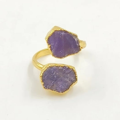 WT-R506 WKT Exclusive Design Double Natural Raw Gemstone Ring Women 18k Gold Plated Quartz Stone Birthday Gift