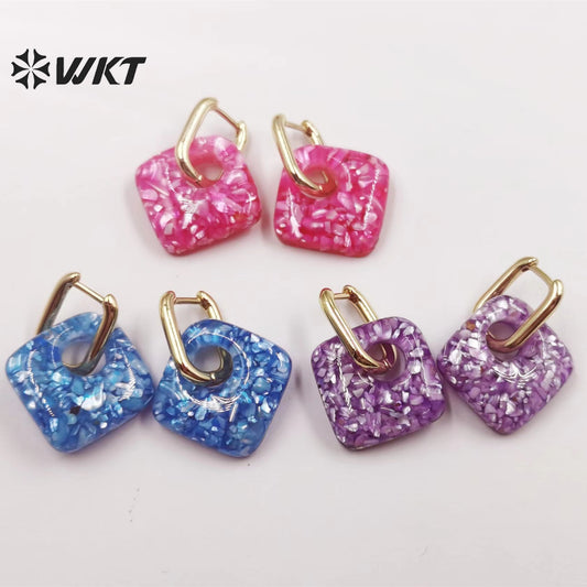 WT-MPE073 European and American Earrings Cute Small Shell Enamel Earrings Colorful square Pendant 18k Gold-plated Earrings