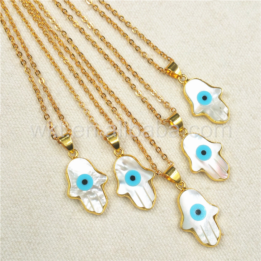 WT-N769 Wholesale 18K Gold Bezel Natural Sea Shell Hand Charm Necklace Turkey Eye Necklace