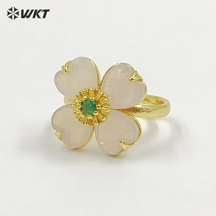 WT-R602 Gorgeous Design Gold Plated Zircon And Colorful Natural Gemstone Flower Shape Rings Adjustable For Party Wearing Jewelry