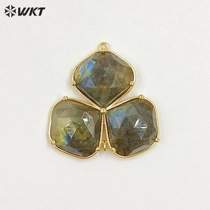 WT-P2129 Beautiful Gold Electroplated Three Natural Gemstones Leaf Shape Pendants As Handmade Jewelry Decorative Findings