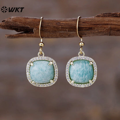 WT-E781 Porcelain High Quality Gemstones Women Earrings Natural Amethyst Amazonite Stone Square Shape For Birthday Gift
