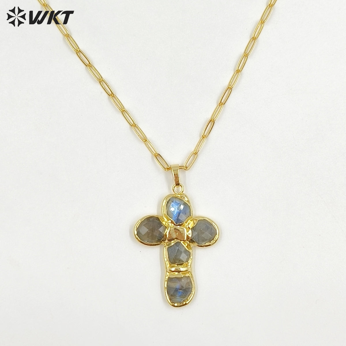 WT-N1543 Factory Wholesale High Quality 18K Gold Plated Natural Gemstone Cross Shape Pendant Necklaces As Women Trendy Jewelry