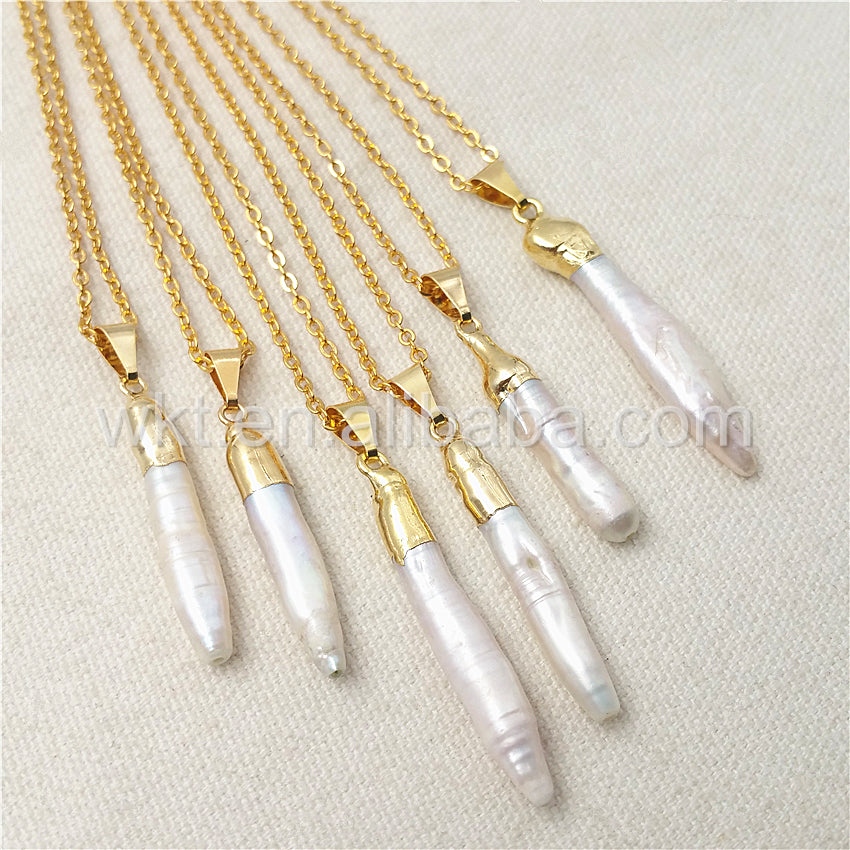 WT-N830 5*30mm New Wholesale Elegant Long Pearl Stick Pendant Necklace, Natural Pearl With Gold Plated Pendant Necklace