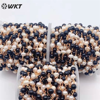 WT-RBC208 Wholesale Fashion Gold Electroplated Colorful Natural Tourmaline Beads Chain Handmade Stone Made Rosary Beads Chain