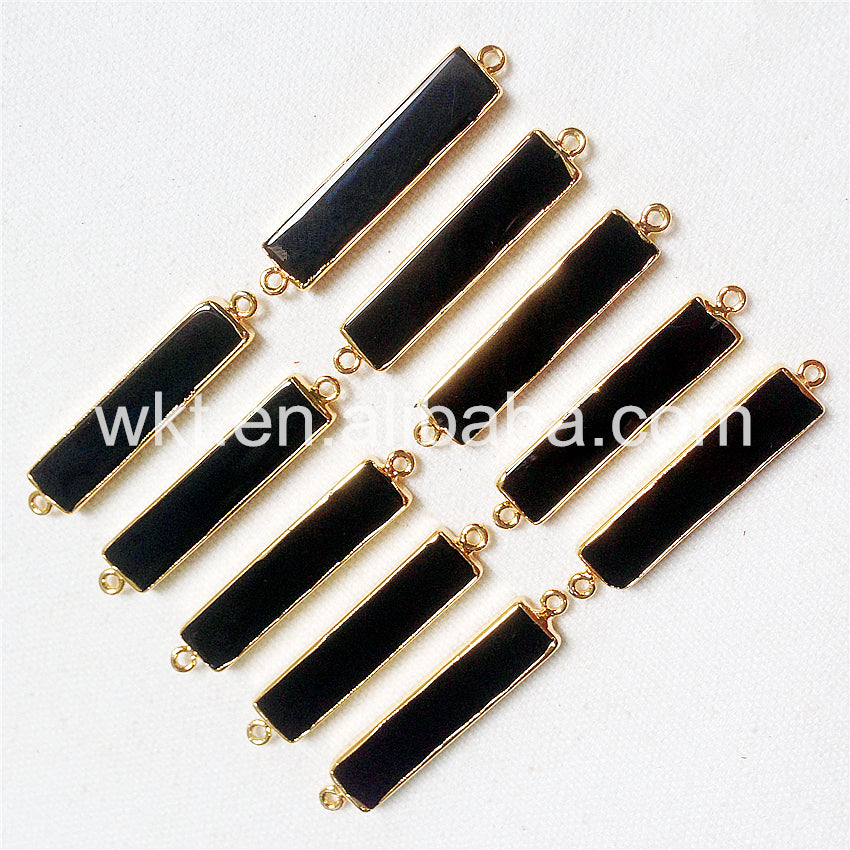 WT-C109 Amazing Long Black Agate bar Connector for Jewelry Making 24k Gold Plated Rectangle Black Agate Connector