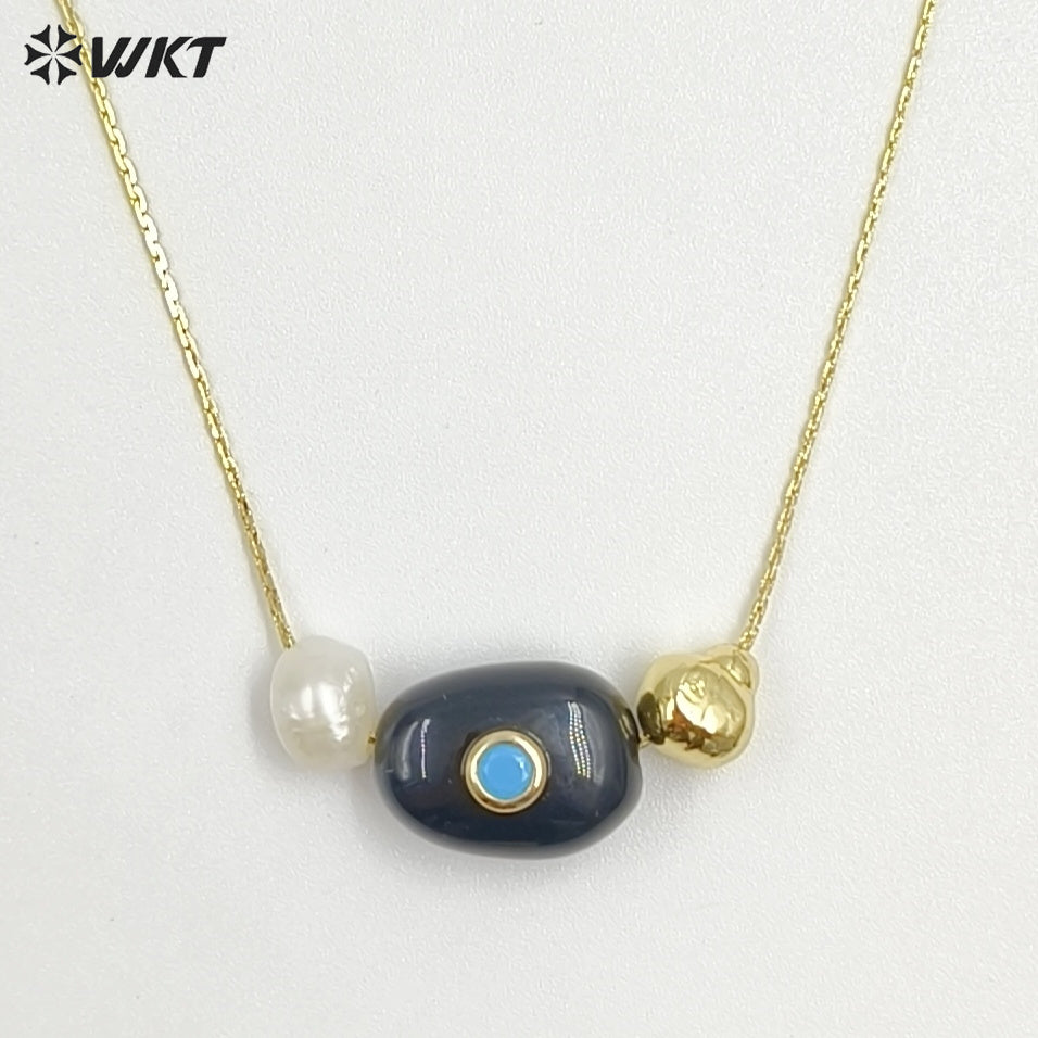WT-N1541 Elegant Trendy Style Gold Electroplated Tiny Chain With Natural Gemstone And Pearl Pendant Necklace For Daily Wearing
