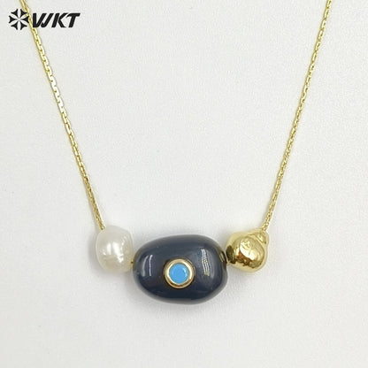 WT-N1541 Elegant Trendy Style Gold Electroplated Tiny Chain With Natural Gemstone And Pearl Pendant Necklace For Daily Wearing