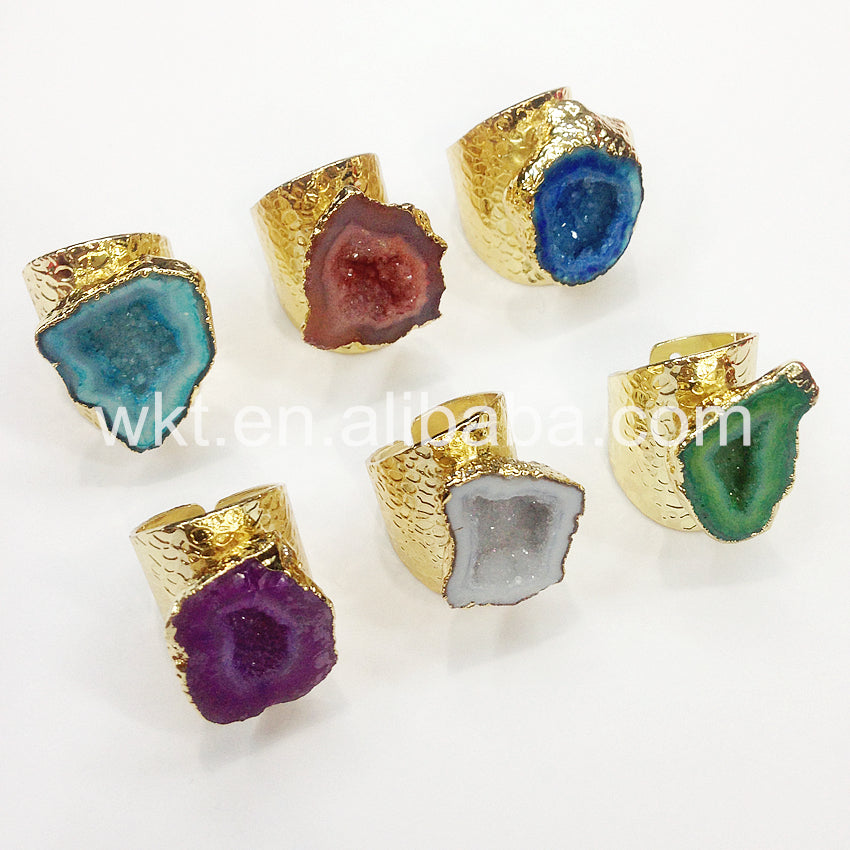WT-R242 Fashion Design Trendy 24k Gold Plated Natural Druzy Geode Agate Ring Stone Ring