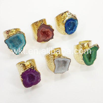 WT-R242 Fashion Design Trendy 24k Gold Plated Natural Druzy Geode Agate Ring Stone Ring