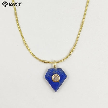 WT-N1508 Wonderful 18K Gold Plated Zircon Labradorite Natural Gemstone Diamond Shape Pendant Necklace As Women Fashion Accessory