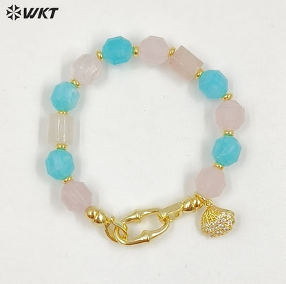 WT-B711 Trendy Gold Plated Natural Gemstones Beads With Little Fish Shell Charms Women Bracelets For Daily Decorative Jewelry