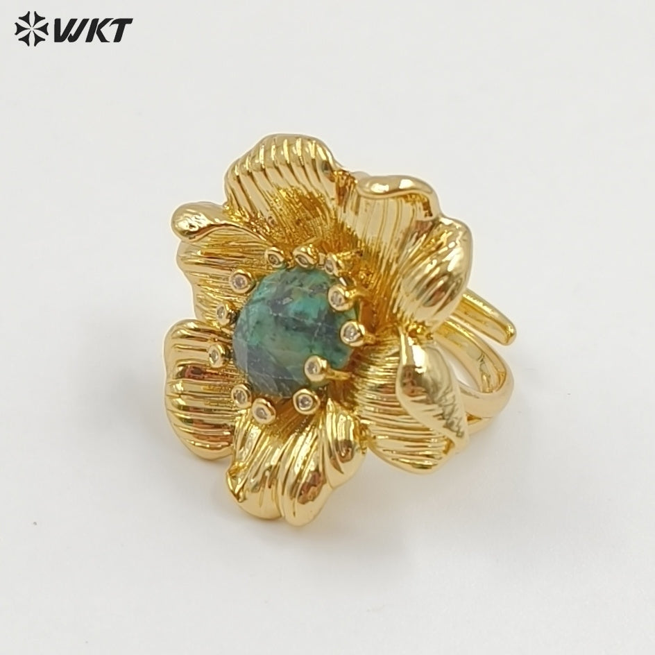 WT-R583 Exquisite Gold Electroplated Zircon And Natural Gemstones Flower Shape Rings For Female Dance Party Jewelry Matching