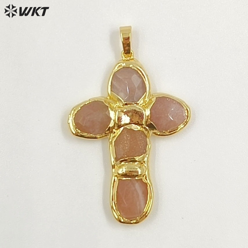 WT-P2027 Amazing Back Full Gold Plated Amazonite Multi Colors Natural Gemstones Cross Shape Pendants For Popular Necklace DIY