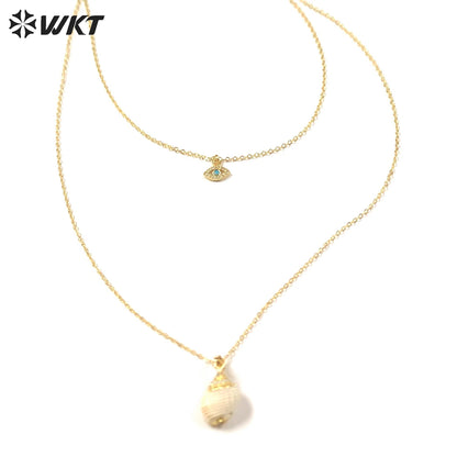 WT-JN174 New Design Fashion Gold Plated Double Layer Choker Necklace Natural White Shell Scallop Pendant Necklace Moon Necklace
