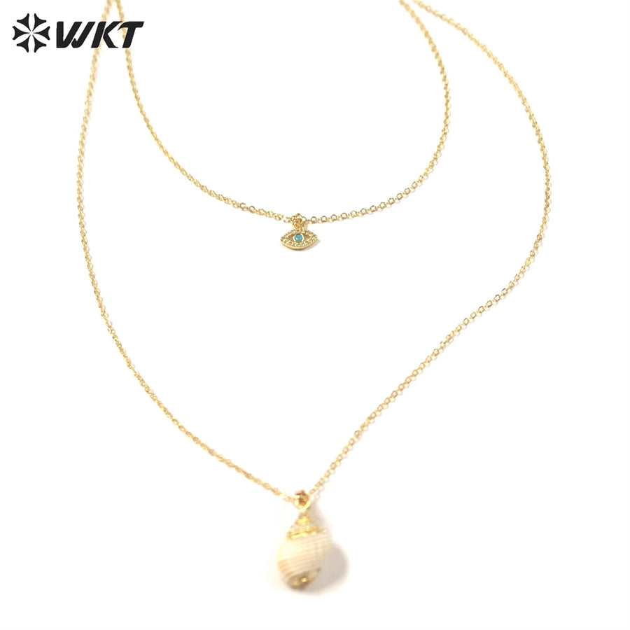 WT-JN174 New Design Fashion Gold Plated Double Layer Choker Necklace Natural White Shell Scallop Pendant Necklace Moon Necklace