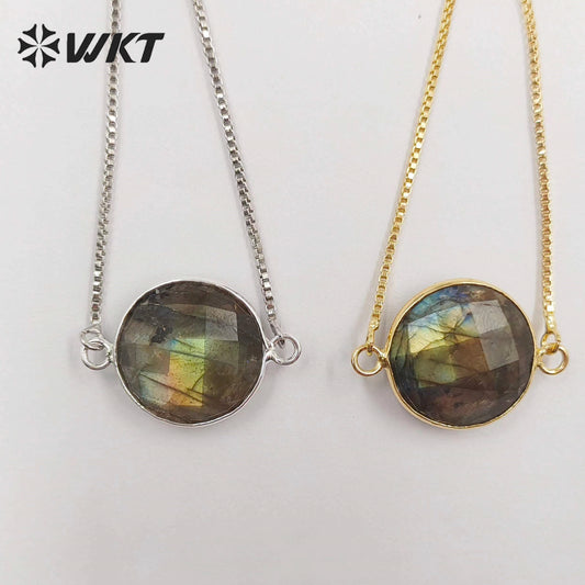 WT-B343 Trendy Design Natural Labradorite Connector Bracelet, Charm Round 24K Real Gold Plated Labradorite Connector Bracelet