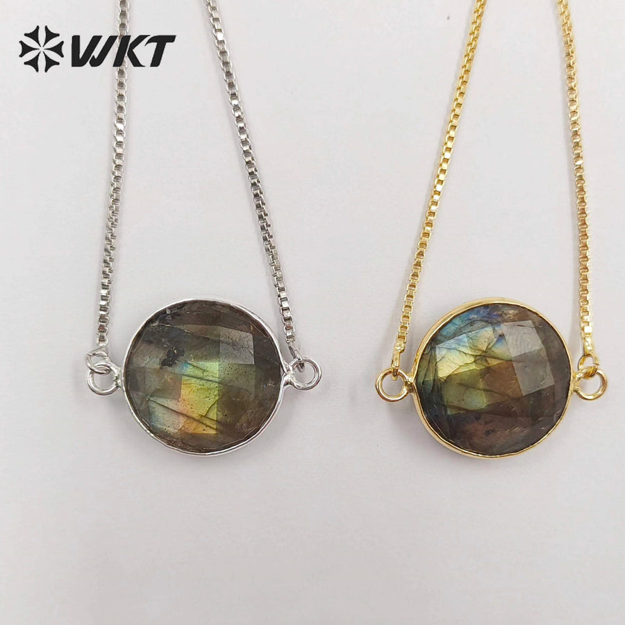 WT-B343 Trendy Design Natural Labradorite Connector Bracelet, Charm Round 24K Real Gold Plated Labradorite Connector Bracelet