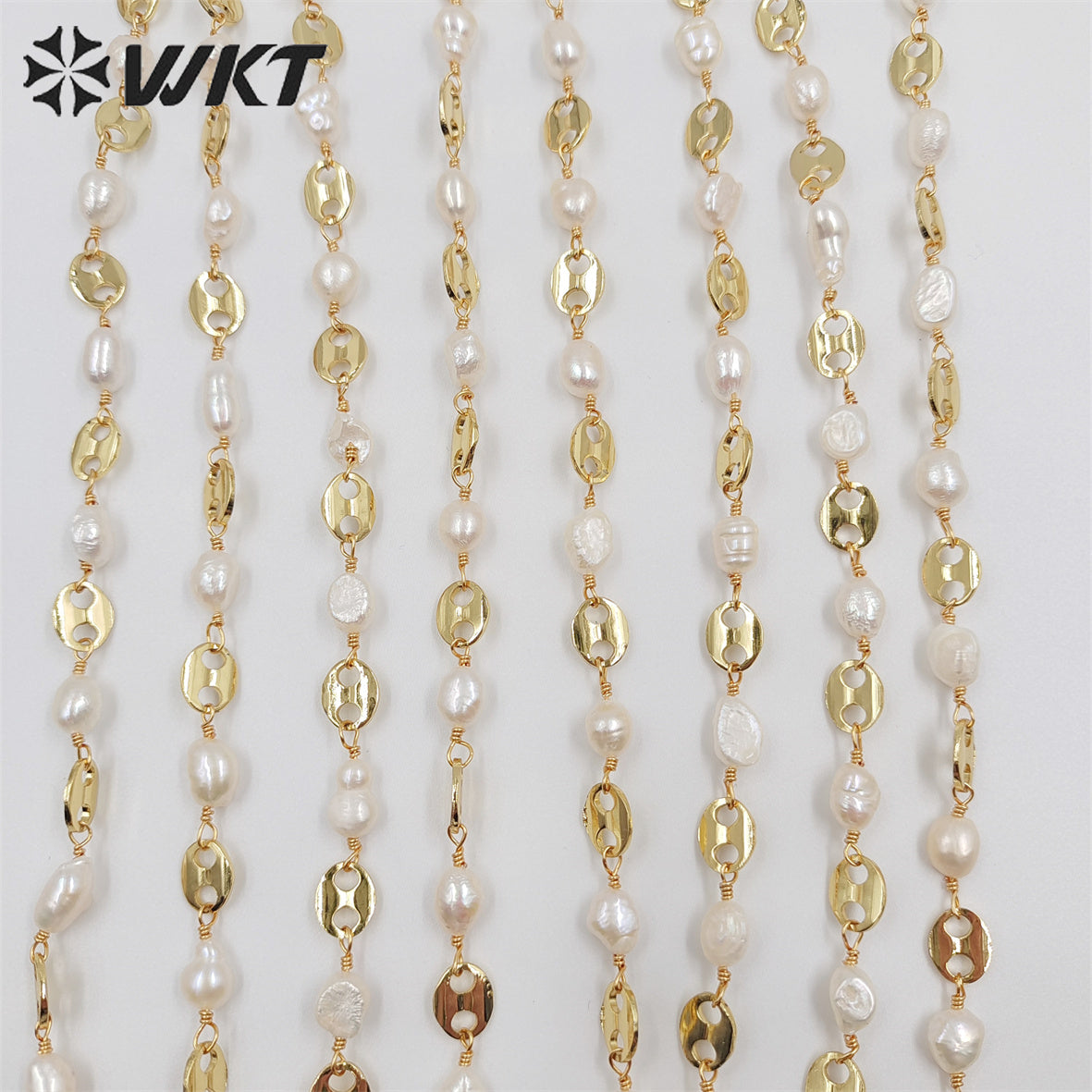 WT-RBC210 New Gold Electroplated Resist Tarnishable Freshwater Pearl Mixcure Chain for Jewelry Design Finding Bean Shape Chain