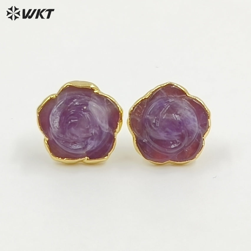 WT-E813 Exquisite Gold Plated Natural Gemstone Hand Carved Rose Flower Shape Little Earrings Studs For Lady Daily Jewelry