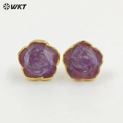 WT-E813 Exquisite Gold Plated Natural Gemstone Hand Carved Rose Flower Shape Little Earrings Studs For Lady Daily Jewelry