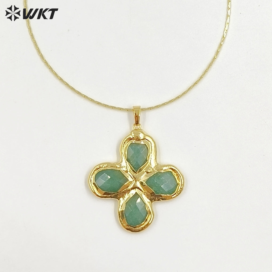 WT-N1542 Popular Fashion Gold Plated Thin Chain With Natural Gemstone Four Leaf Clover Pendant Necklace For Lady Birthday Gift