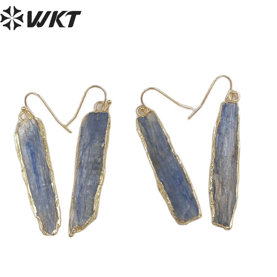 WT-E137 Natural Raw Gemstone Blue Kyanite Earrings, Raw Stone Gold Dipped Earrings for Women Dangle Pendant Earrings