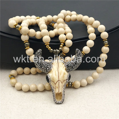 WT-N859 Fashion 8mm Cream Stone Beads Buffalo Head Necklace ,32" Beads Resin Buffalo Head Necklace in High Quality