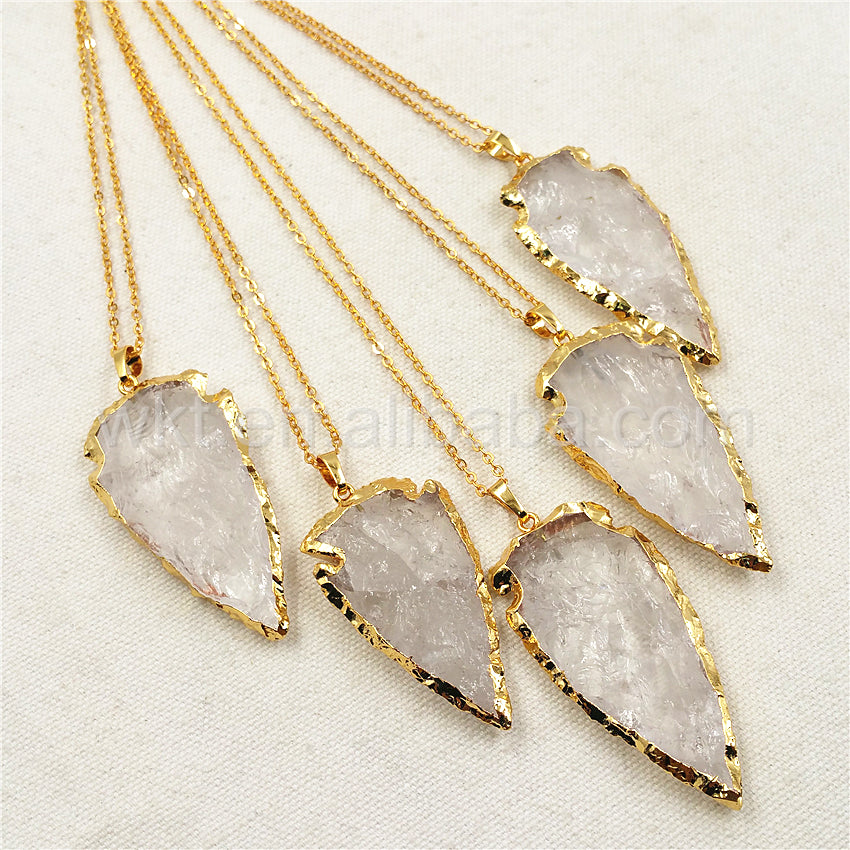 WT-N791Wholesale Big Size 2 Inch Long Hammer Raw Crystal Quartz Arrowhead Necklace with 24k Real Gold Plated