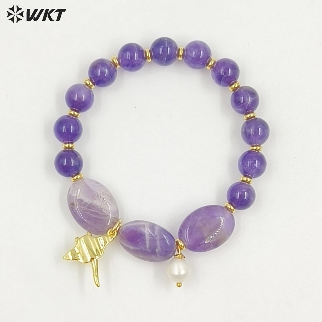 WT-B712 Beautiful Natural Gemstones Beads With Little Pearl And Shell Star Charms Gold Bracelets As Fashion Jewelry Accessory