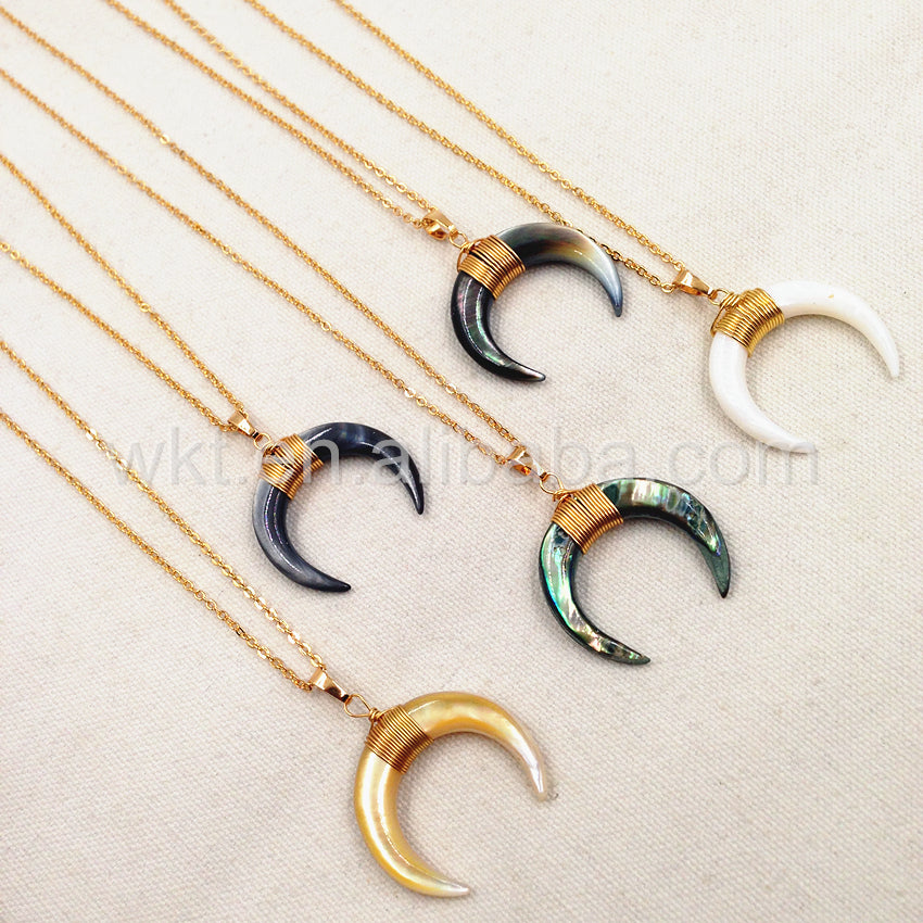WT-N749 Big Amazing Natural Crescent Shell Necklace Handmade Wire Wrapped Gold Half Moon Crescent Shell Necklace