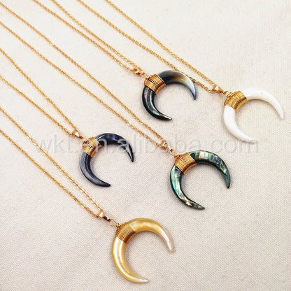 WT-N749 Big Amazing Natural Crescent Shell Necklace Handmade Wire Wrapped Gold Half Moon Crescent Shell Necklace