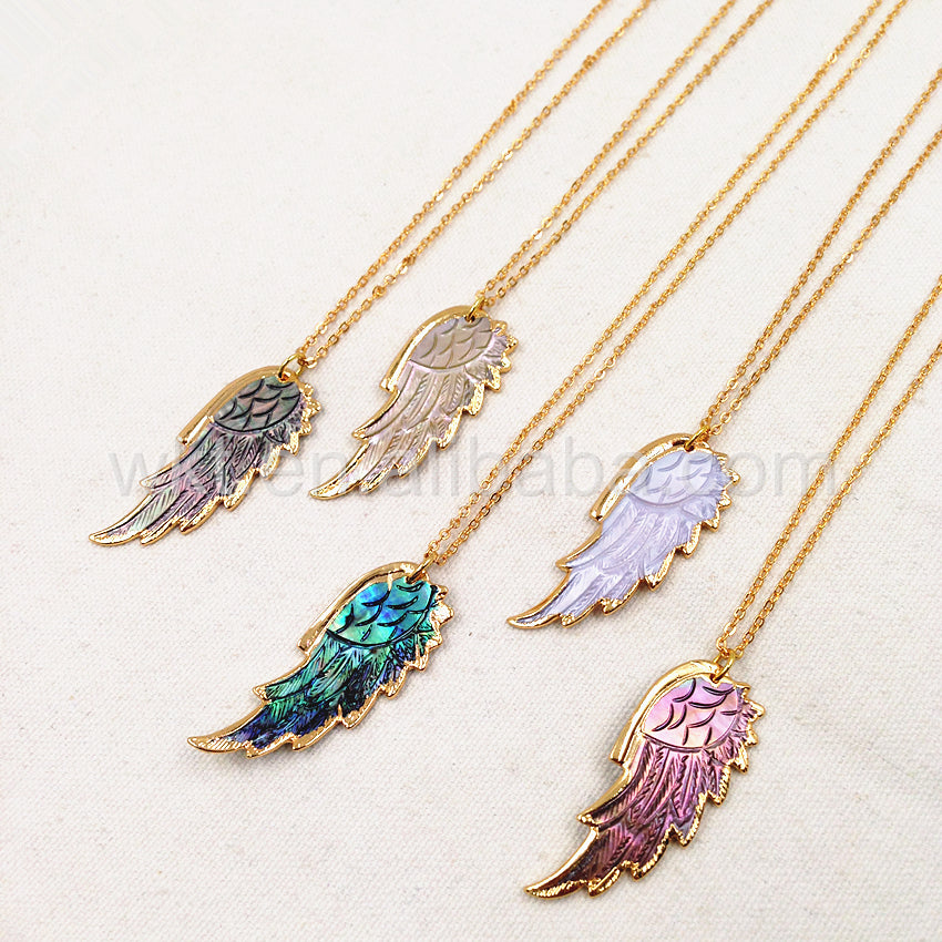 WT-N748 Exclusive Natural Abalone Feather Necklace, Fashion Handmade Carved Shell Feather Necklace
