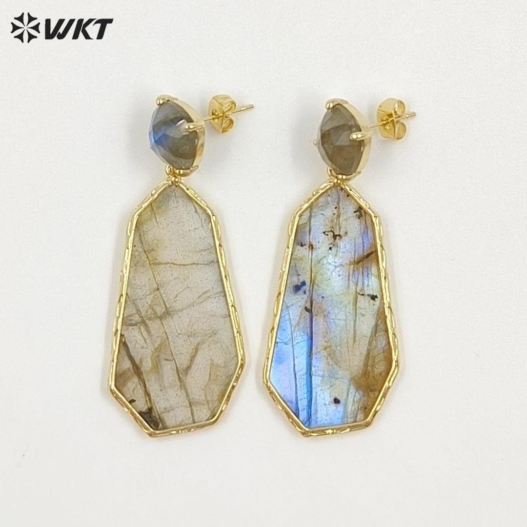 WT-E826 Factory Wholesale Gold Plated Colorful Natural Gemstones Long Earrings For Female Party Wearing Jewelry Accessory