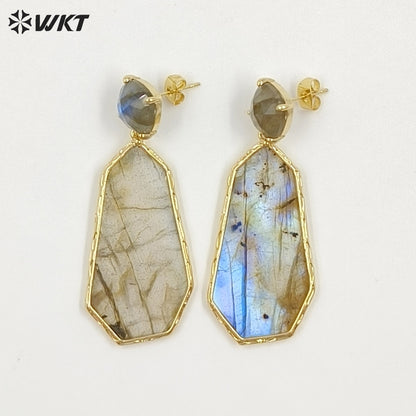 WT-E826 Factory Wholesale Gold Plated Colorful Natural Gemstones Long Earrings For Female Party Wearing Jewelry Accessory