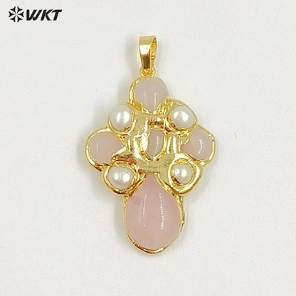 WT-JP384 Specially Designed Religious Unisexual 18K Gold Plated Cross Shaped Pearl and Turquoise Pendant As Daily Decoration