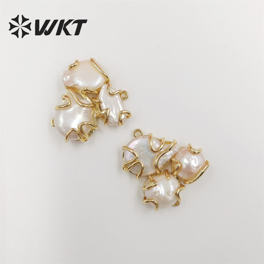 WT-JP307 Unique Triple Freshwater Pearl Pendant 18k Real Gold Plated Claw Prong Setting Pearl Findings for Jewelry Making