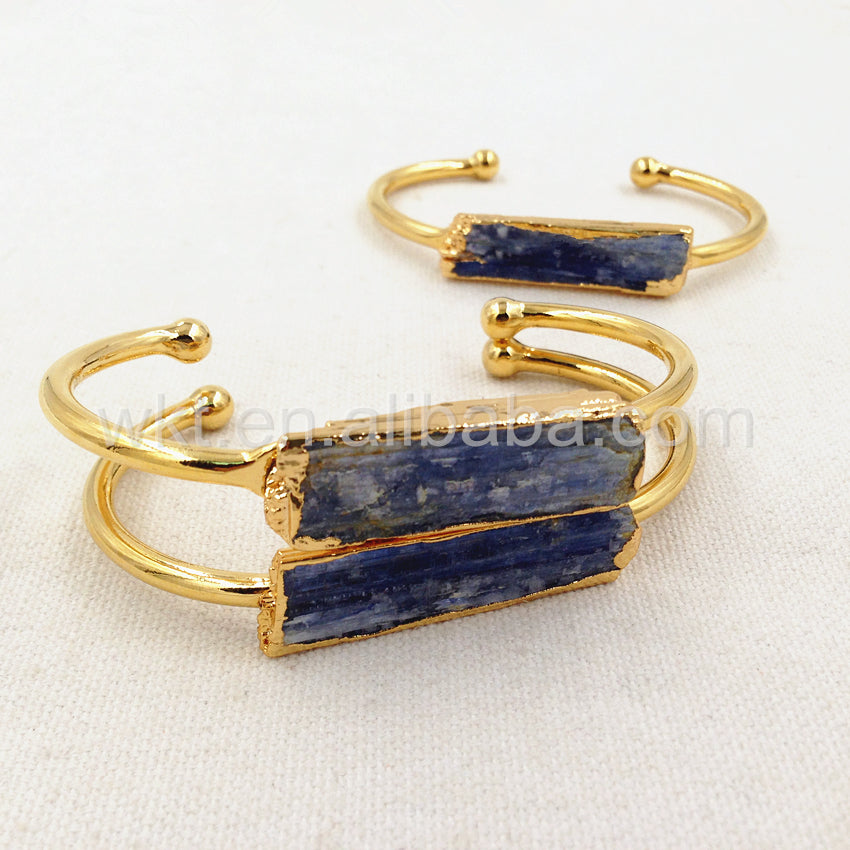 WT-B243 Beautiful Rough Blue Kyanite 24k Gold Plated Cuff Bangle, Natural Blue Kyanite Stone Cuff Bangle