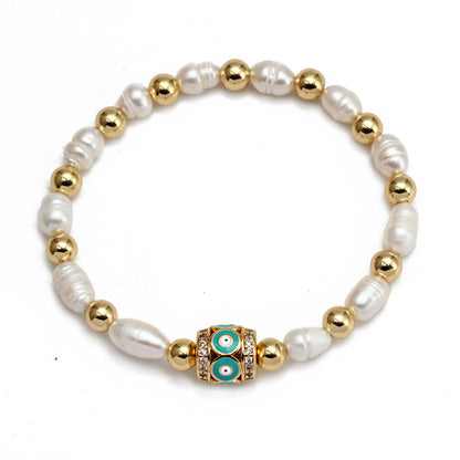 WT-MB123 Gorgeous Enamel Beads Women Bracelets Charming Natural Rice Pearl Beads Strand Bracelet with Turkey Eye Charms